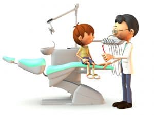 A young, smiling cartoon boy sitting on a dental chair. A dentist stands in front of him with a red toothbrush in his hand. White background.