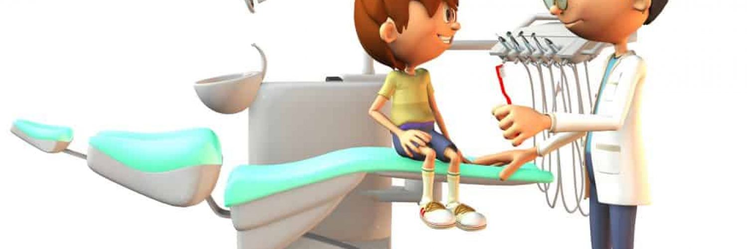 A young, smiling cartoon boy sitting on a dental chair. A dentist stands in front of him with a red toothbrush in his hand. White background.