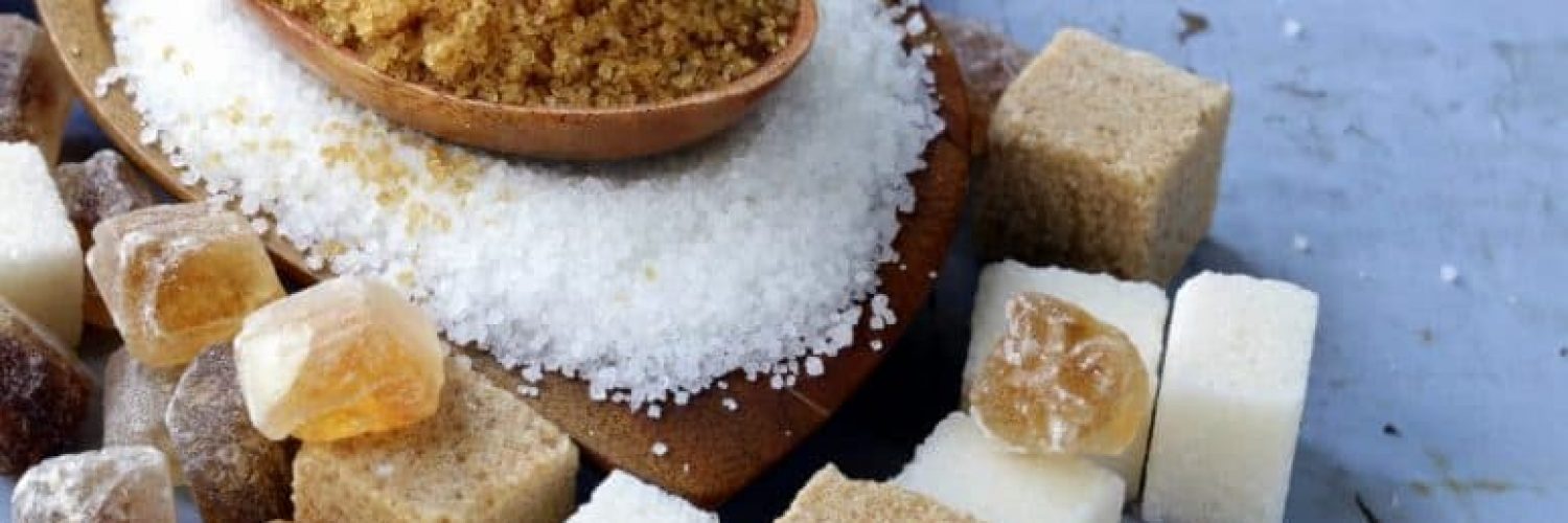 Various kinds of sugar, brown, white and refined sugar