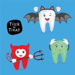 Individual halloween teeth dressed in halloween costumes